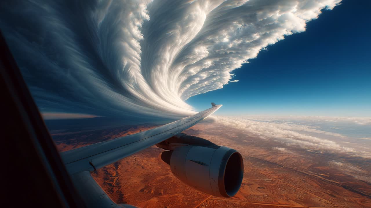 Aerial View of Dramatic Cloud Formation Captured from an Airplane Window, Showcasing Majestic Waves of Clouds and Exquisite Landscape Below, Evoking a Sense of Wonder and Adventure