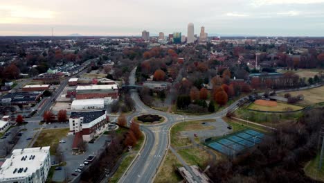 Winston-Salem-North-Carolina-skyline-with-traffic-round-about-in-shot