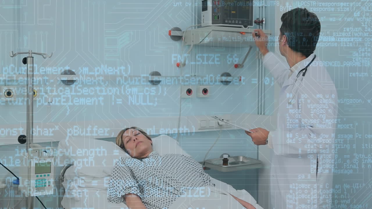 컴퓨터 언어의 애니메이션, 노트 패드와 함께 다양한 의사, 조정 기계 및 환자와 대화