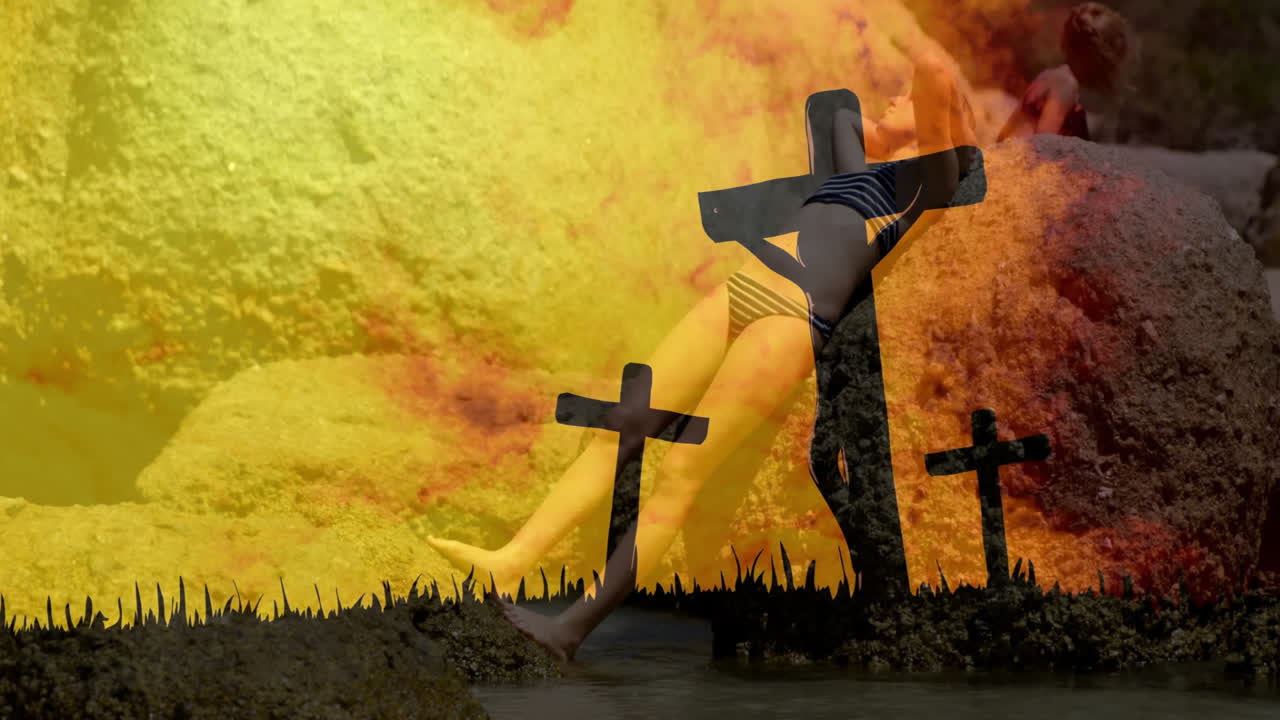 On beach, person in swimwear with silhouetted crosses and vibrant animation