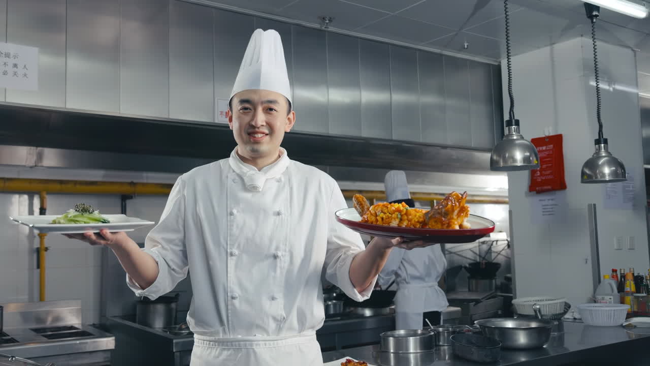 In modern kitchen, chef holding a perfectly plated dish, with the main ingredient prominently displayed in the center. A perfect footage for restaurant menus or food blogs, showing a delicious plate
