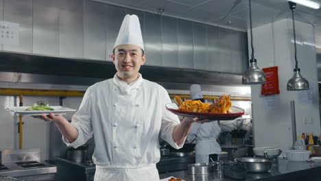 in modern kitchen, chef holding a perfectly plated dish, with the main ingredient prominently displayed in the center. a perfect footage for restaurant menus or food blogs, showing a delicious plate