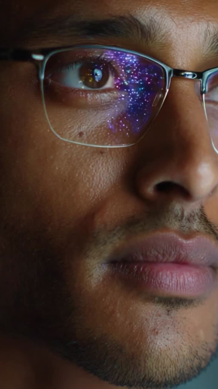 A Close-Up of a Person with Glasses Reflecting a Beautiful Cosmic Scene in Their Eyes, Capturing the Wonder and Intricacy of the Universe