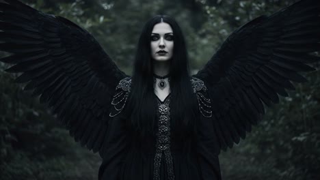 a mysterious figure with majestic black wings stands in a dark forest, evoking an atmosphere of enchantment and intrigue in a captivating scene