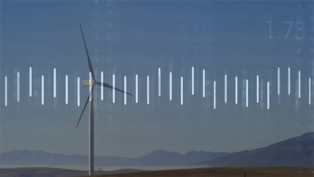 Bar graph appearing bars pulsing and line tracing power across wind turbine showing fluctuations