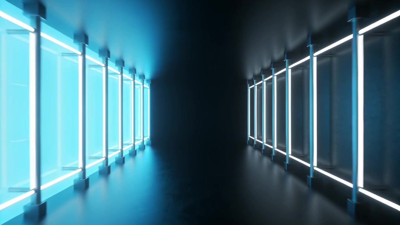 Dolly starting pushing camera forward through tunnel, showing depth, cyan panels and white bars