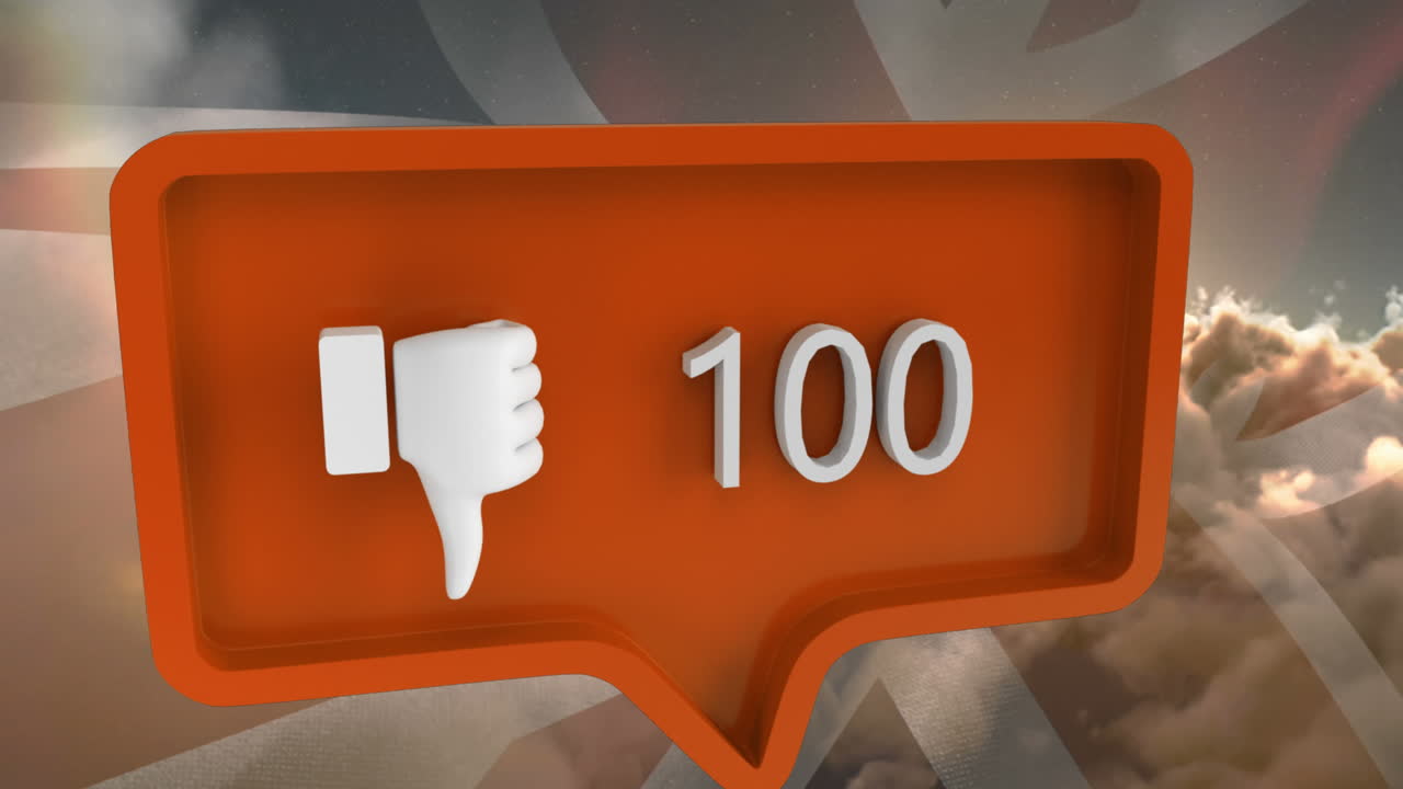 Animation af dislike-ikon med tal på taleboble med USA's flag