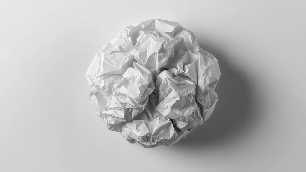 Zoomande kamera som visar en hopknycklad pappersboll som landar på ett studiobord under ljus som avslöjar veck