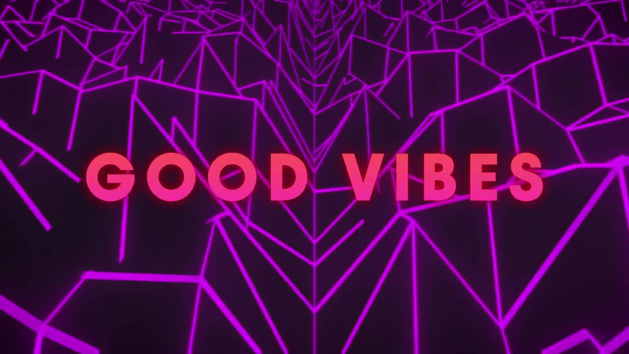 Animation af 'good vibes' i lyserød tekst over kantet lilla linjelandskab på sort baggrund
