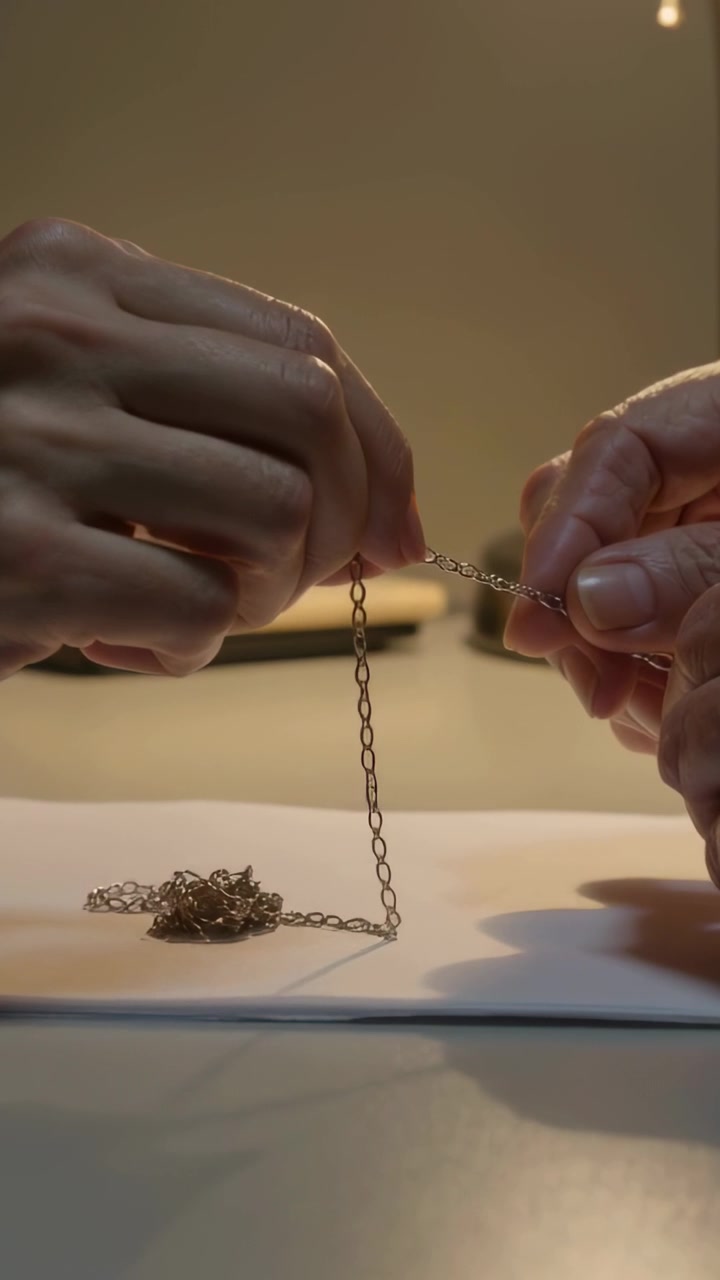 Video verticale: Sciogliere un groviglio, due paia di mani che tirano anelli su una scrivania sotto una lampada, liberando una catena.