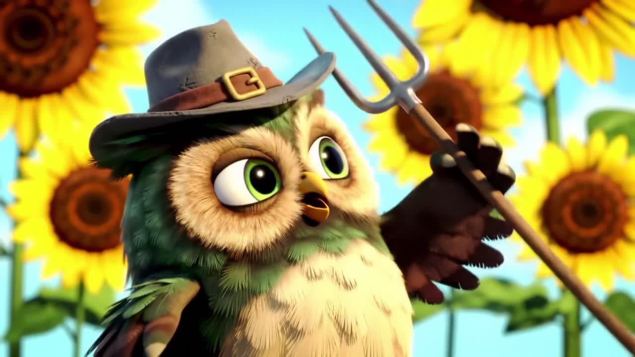 A charming animated owl character depicted as a farmer, equipped with a pitchfork amidst a vibrant field of sunflowers in a whimsical cartoon-style setting