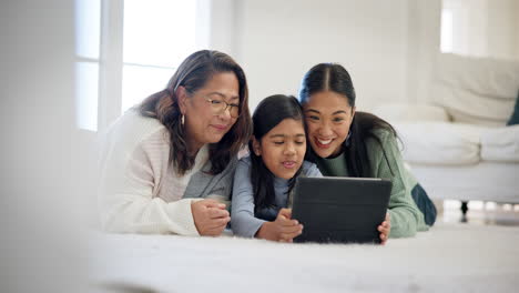 girl, mother and grandma in home with tablet to