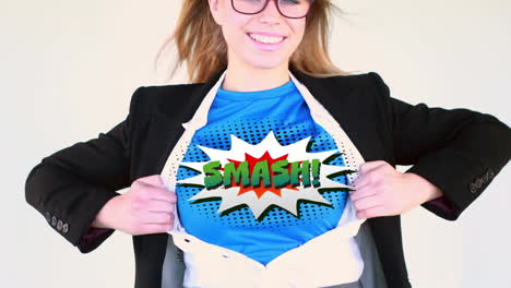 smash text on speech bubble against woman revealing t shirt