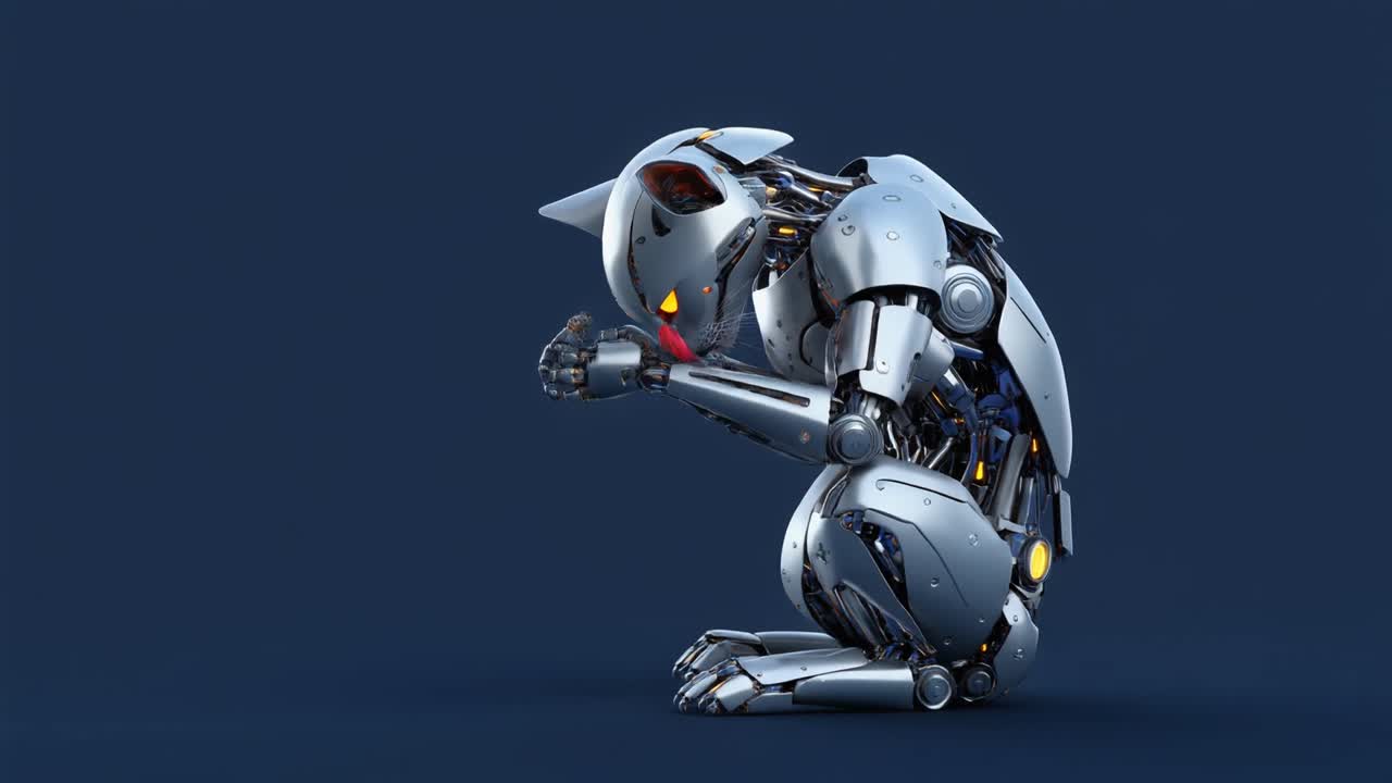 Gatto robotico futuristico che si lecca la zampa