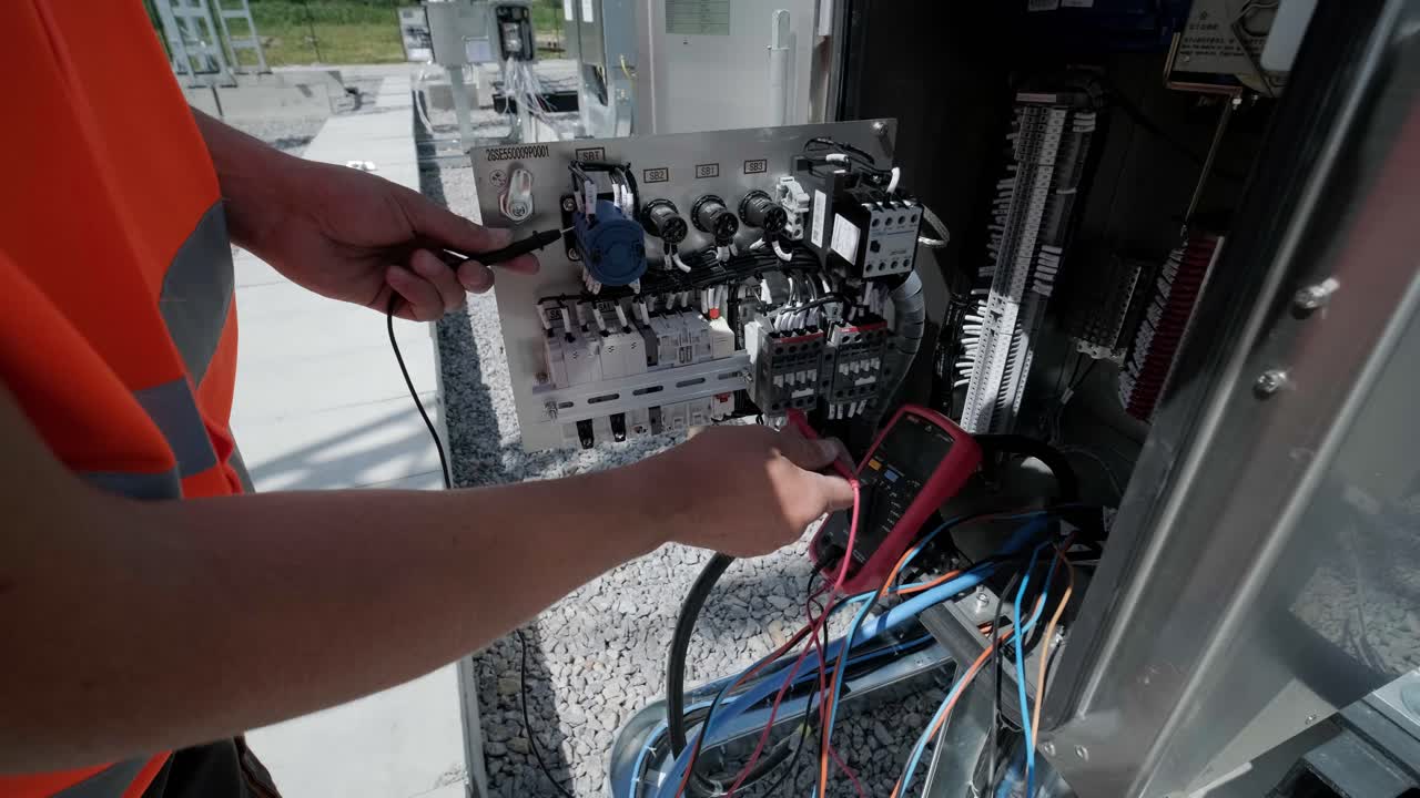 los ingenieros eléctricos inspeccionan los sistemas eléctricos en el gabinete de control de equipos