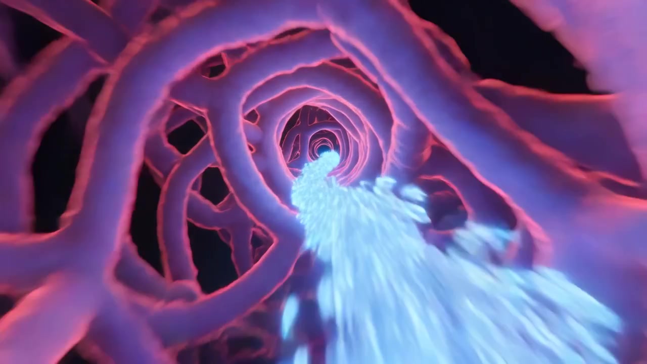 Kamera ileri doğru hareket ederken, parlayan camgöbeği parçacık akışı izleyiciyi neon pembe halka tünelinden geçiriyor.