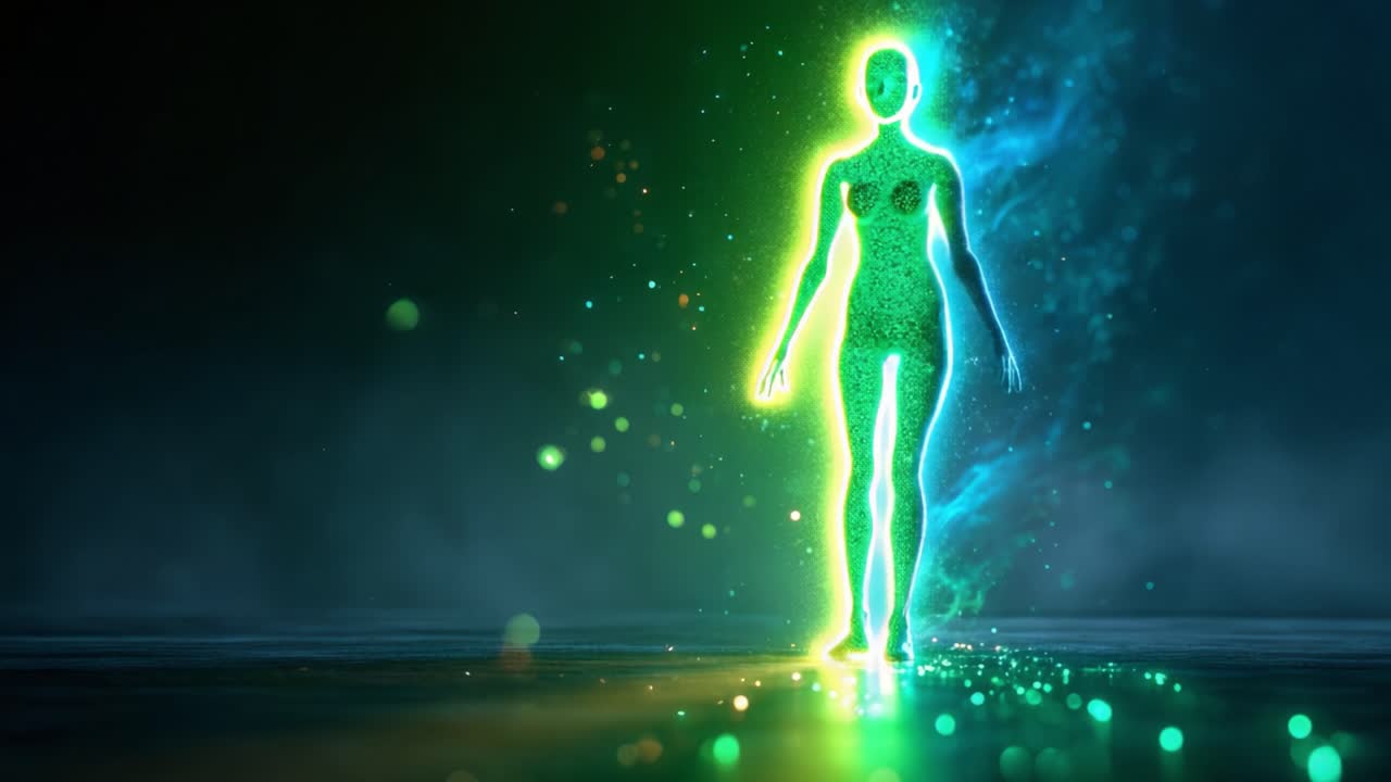 En mystisk transformation: Enigmatisk figur omgiven av eteriskt ljus i en drömlik miljö, som blandar inslag av fantasi och verklighet med livfulla färger