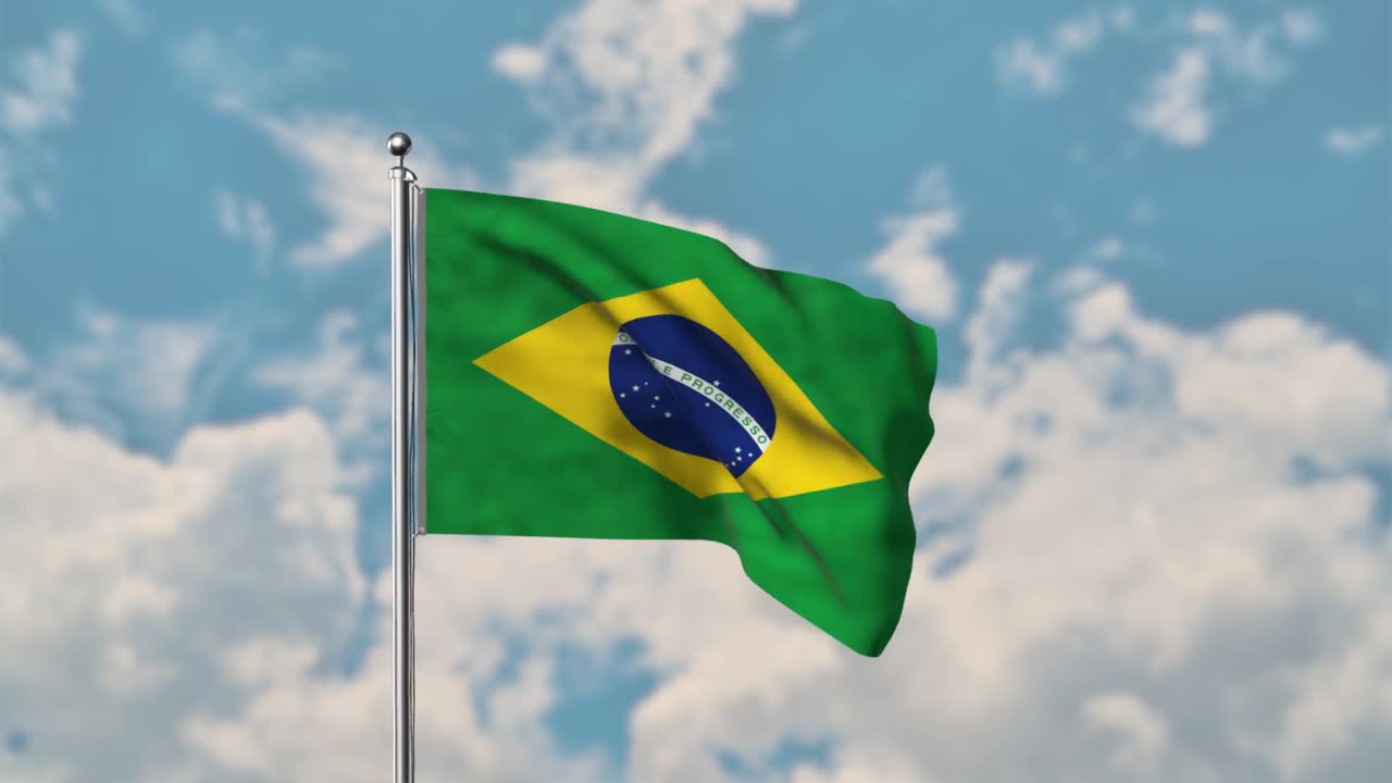 Bandeira do Brasil tremulando no céu azul, vídeo 4K realista