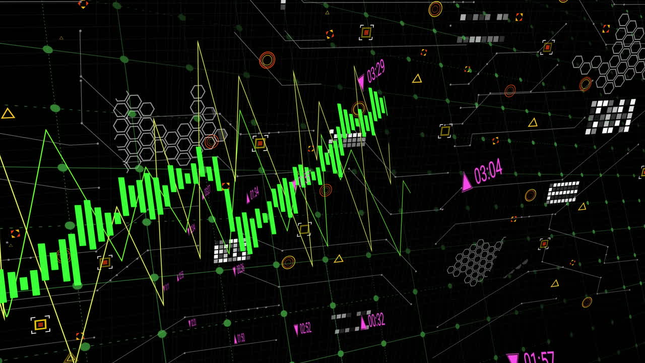 animación de múltiples gráficos con números cambiantes sobre el patrón de la placa de circuitos en fondo negro.