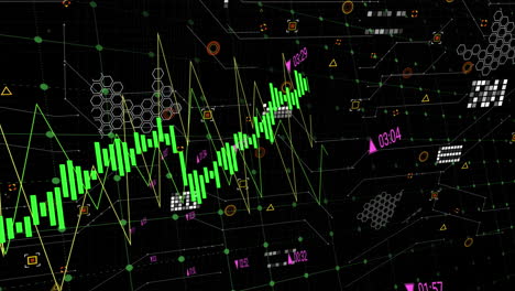 animación de múltiples gráficos con números cambiantes sobre el patrón de la placa de circuitos en fondo negro.
