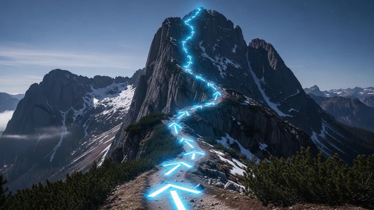 Mystical Mountain Trail Illuminated by Luminous Arrows Leading Upward Through Snowy Terrain Beneath a Starry Night Sky
