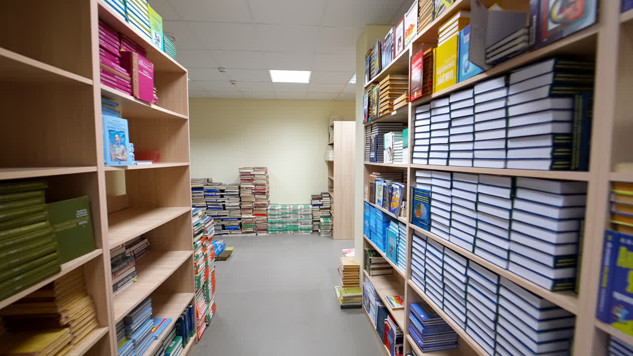 Library book shelf interior. Inside modern library with book shelves