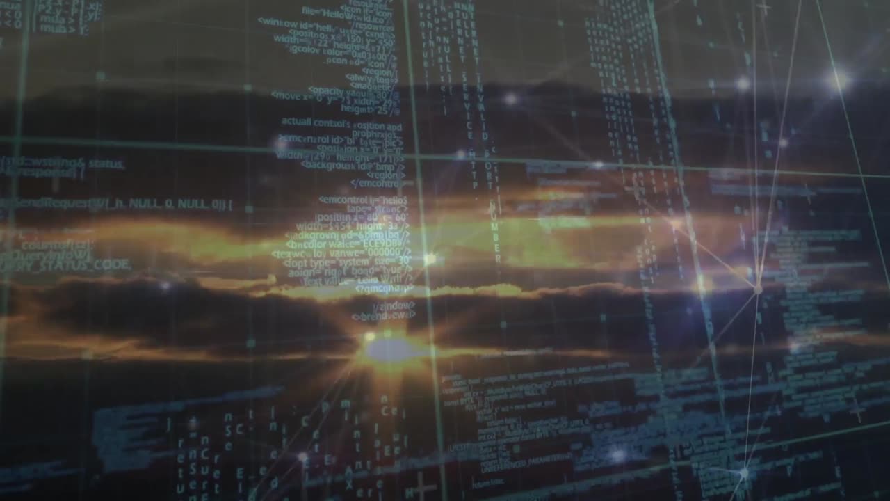 Animation of data processing, networks of connections over landscape