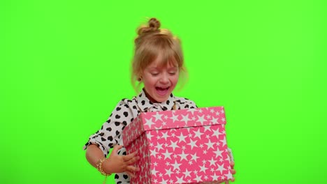 Cheerful-stylish-child-girl-opening-gift-box,-great-happiness-amazement,-satisfied-with-best-present