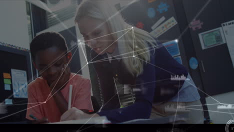 Animation of network of connections over teacher with schoolboy