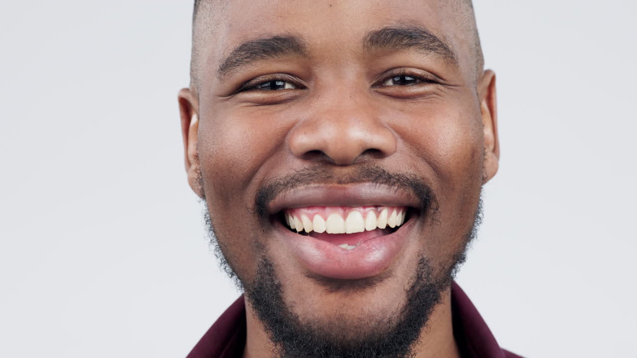 Closeup, face and a black man on a white