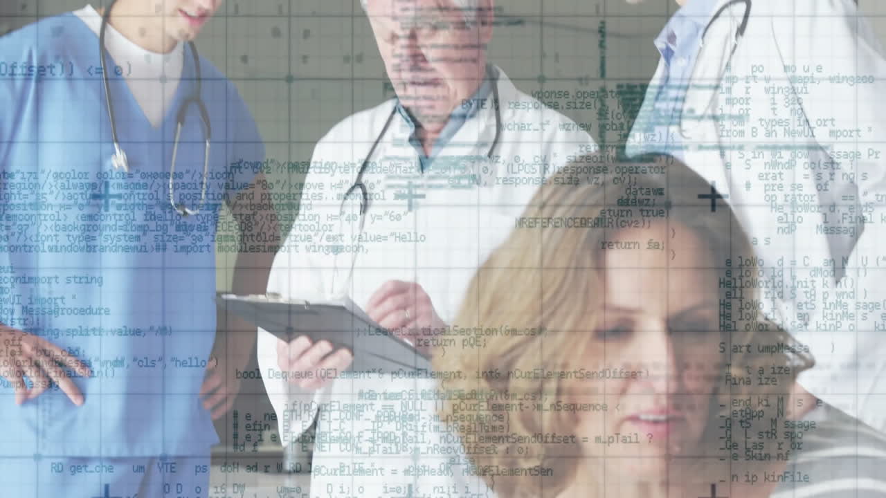 Medical team reviewing clipboard in exam room, with animated health charts floating and data icons