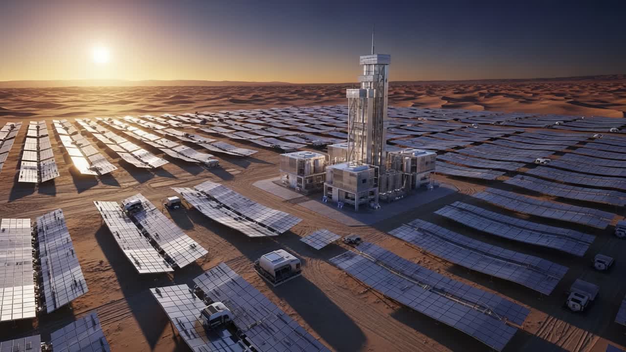 Aerial View of a Vast Solar Farm with Reflective Panels and a Central Tower at Sunset, Highlighting Renewable Energy and Technological Innovation in an Expansive Desert Landscape