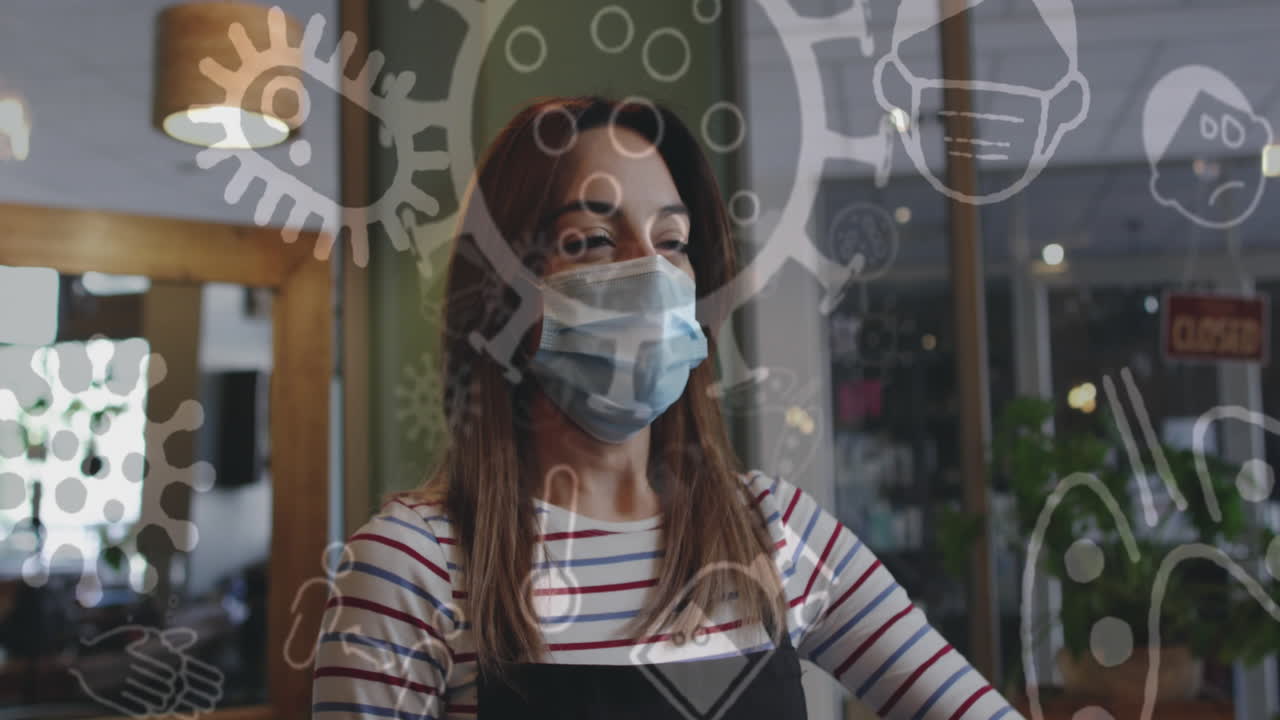 animación de iconos de coronavirus sobre una peluquera caucásica que lleva una máscara facial