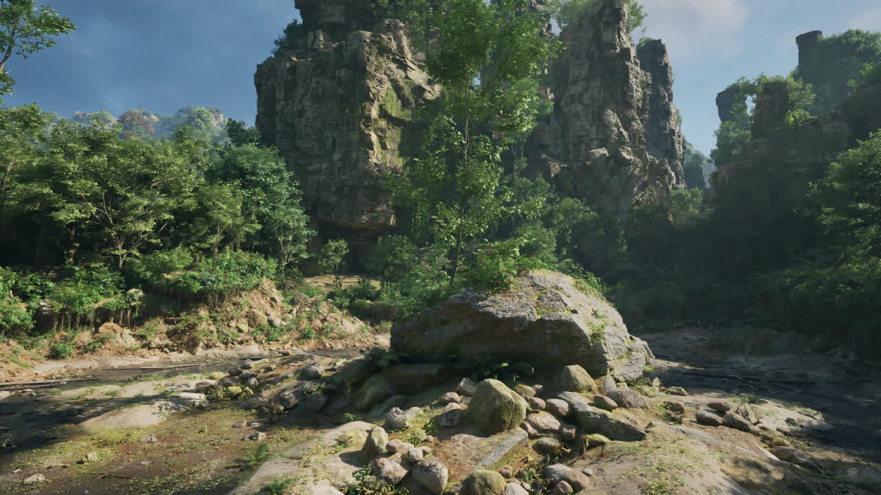 높은 절벽, 바위, 강 이 있는 정글 풍경