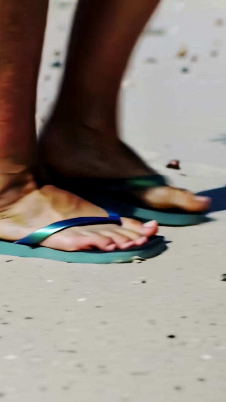 Vertical video: Stepping tan feet in teal flipflops on beach sand, brushing shells pebbles shadow