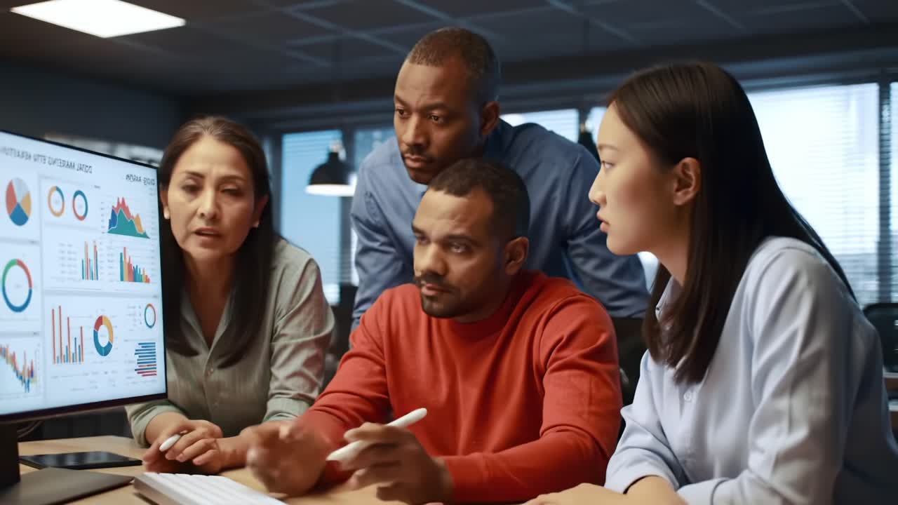 A group of professionals collaborates around a computer screen, analyzing data presentations and visualizations to discuss strategic business insights and findings in a modern office setting