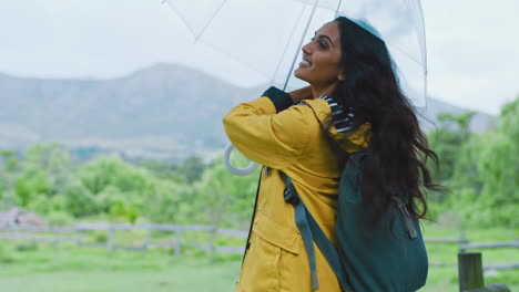 Nature,-rain-and-woman-hiking-with-umbrella