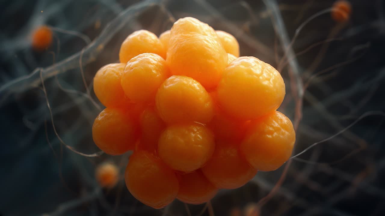 Microscopic View of Orange Cellular Cluster Rotating