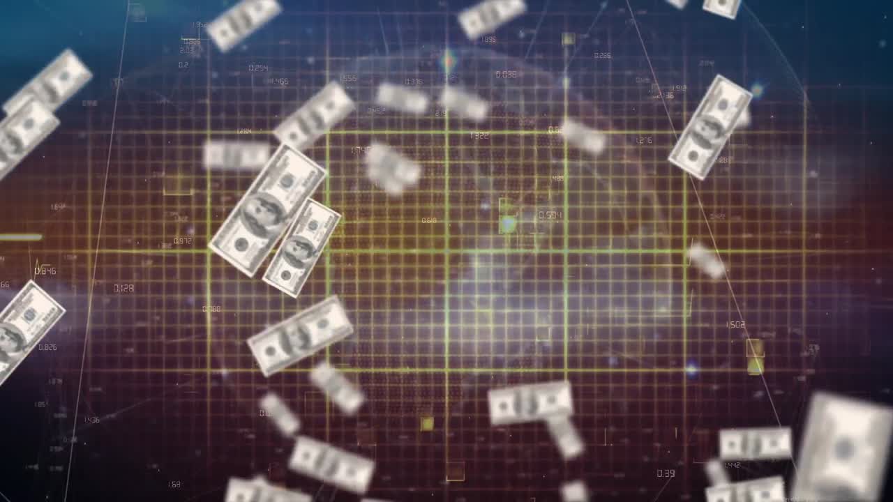 심박수 모니터와 지구 위에 떠다니는 미국 달러 지폐의 애니메이션