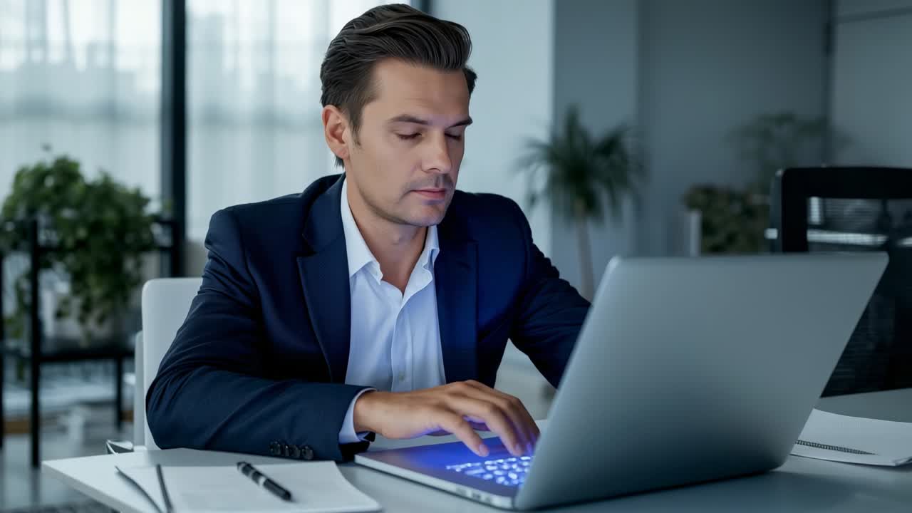 Powering laptop triggers businessman typing to finish work at office desk, backlit keyboard glowing