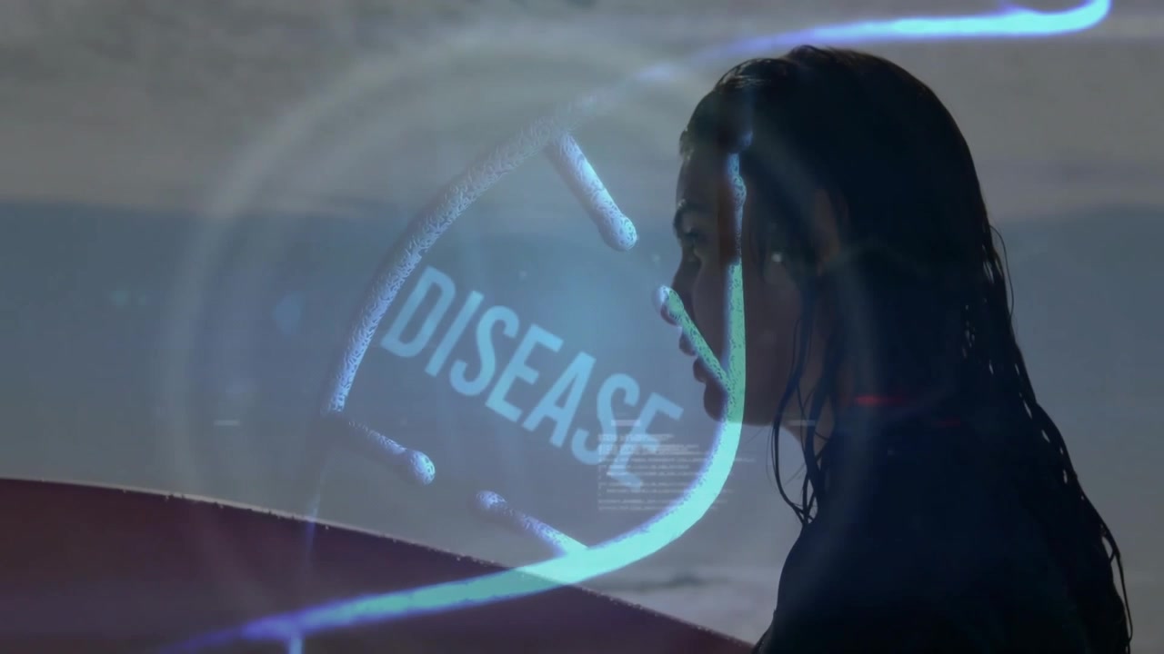 Woman holding surfboard standing on shore, showcasing technology with blue holographic interface