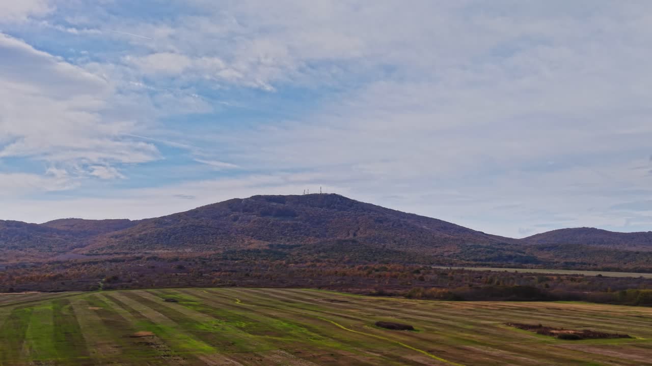 Scenic aerial view of Bulgarian countryside with hills and fields