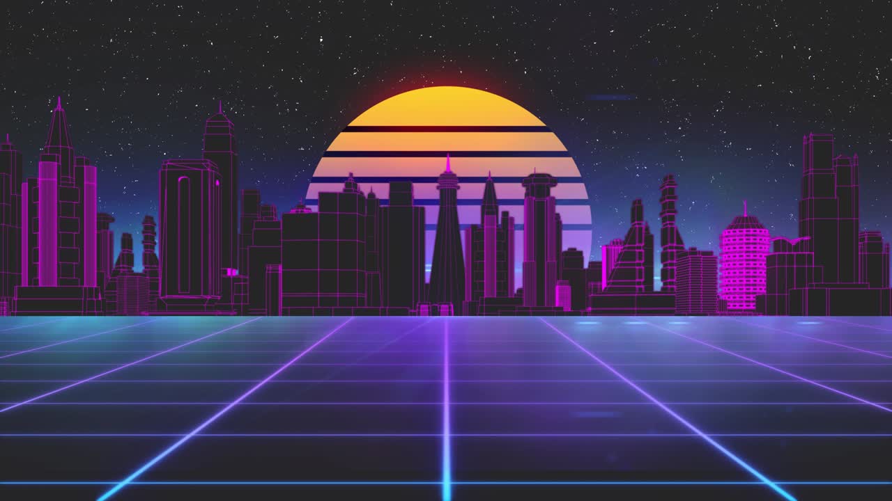 Stylized vintage 3D animation background with modern city, sun and glowing stars. 80s retro futuristic sci-fi seamless loop