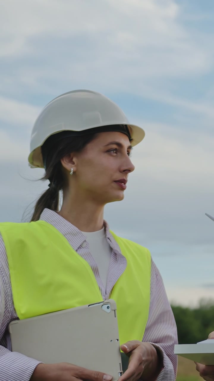 Ingenieros examinan modelos de turbinas eólicas y planos en un sitio de energía renovable con turbinas en