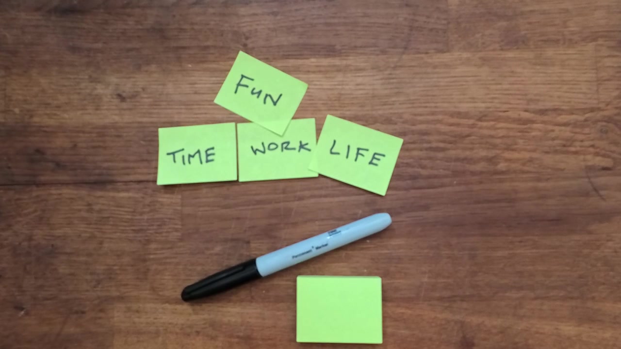 Hand choosing work life balance yellow sticky post-it note in brainstorming thought process goal