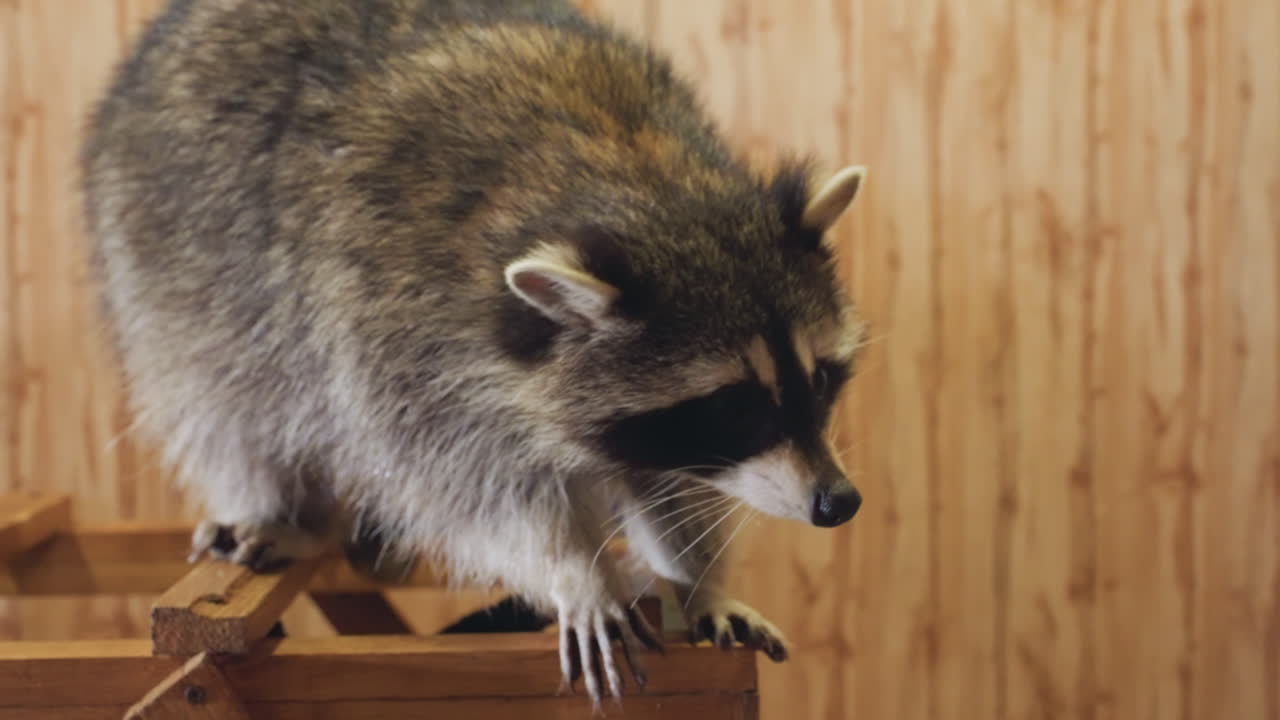 procione che esplora una piattaforma di legno, passi cauti e annusando in posizione di allerta su uno sfondo rustico, animale in equilibrio sul bordo di una cassa mentre un osservatore monitora il comportamento, addestratore e fotografo