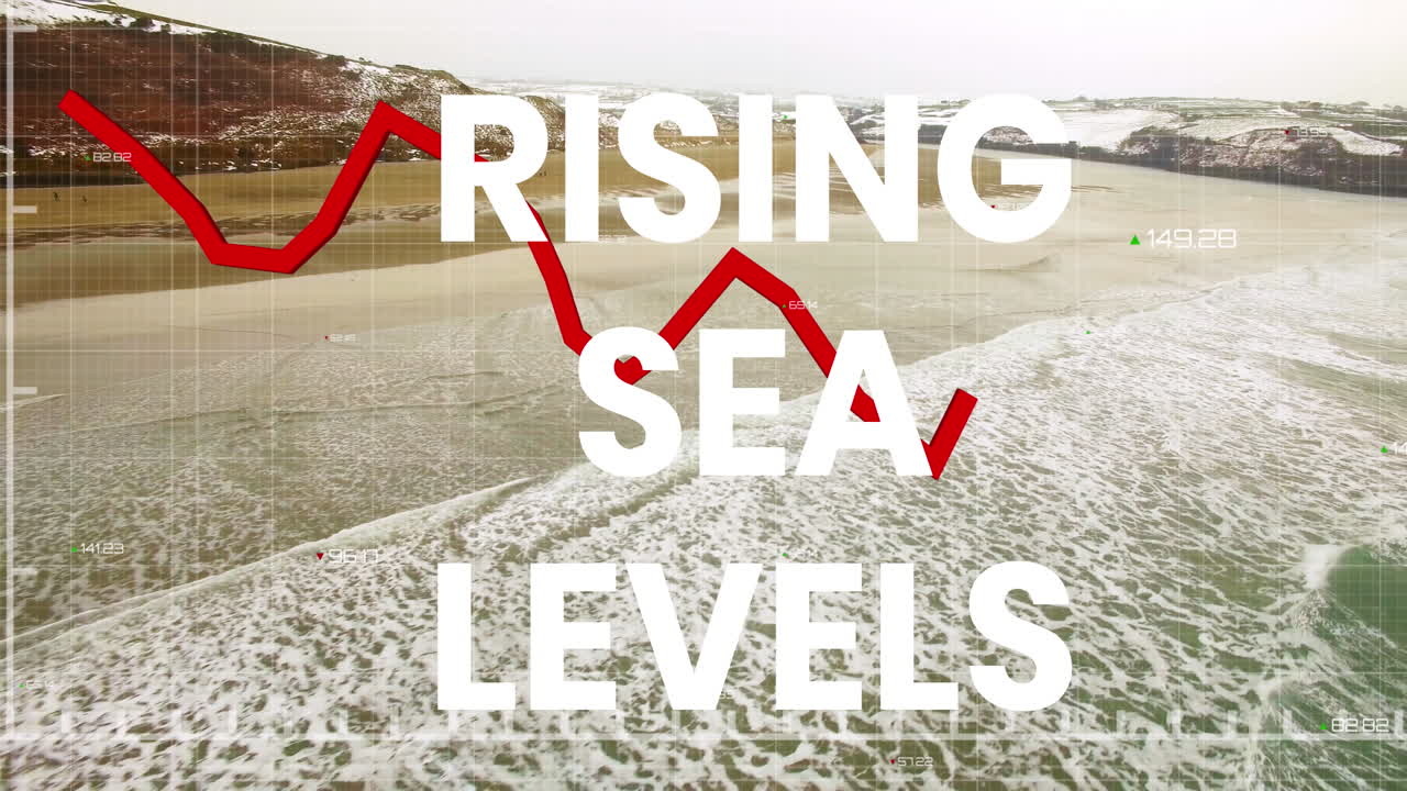 금융 그래프와 해양 풍경에 대한 해수면 상승의 애니메이션