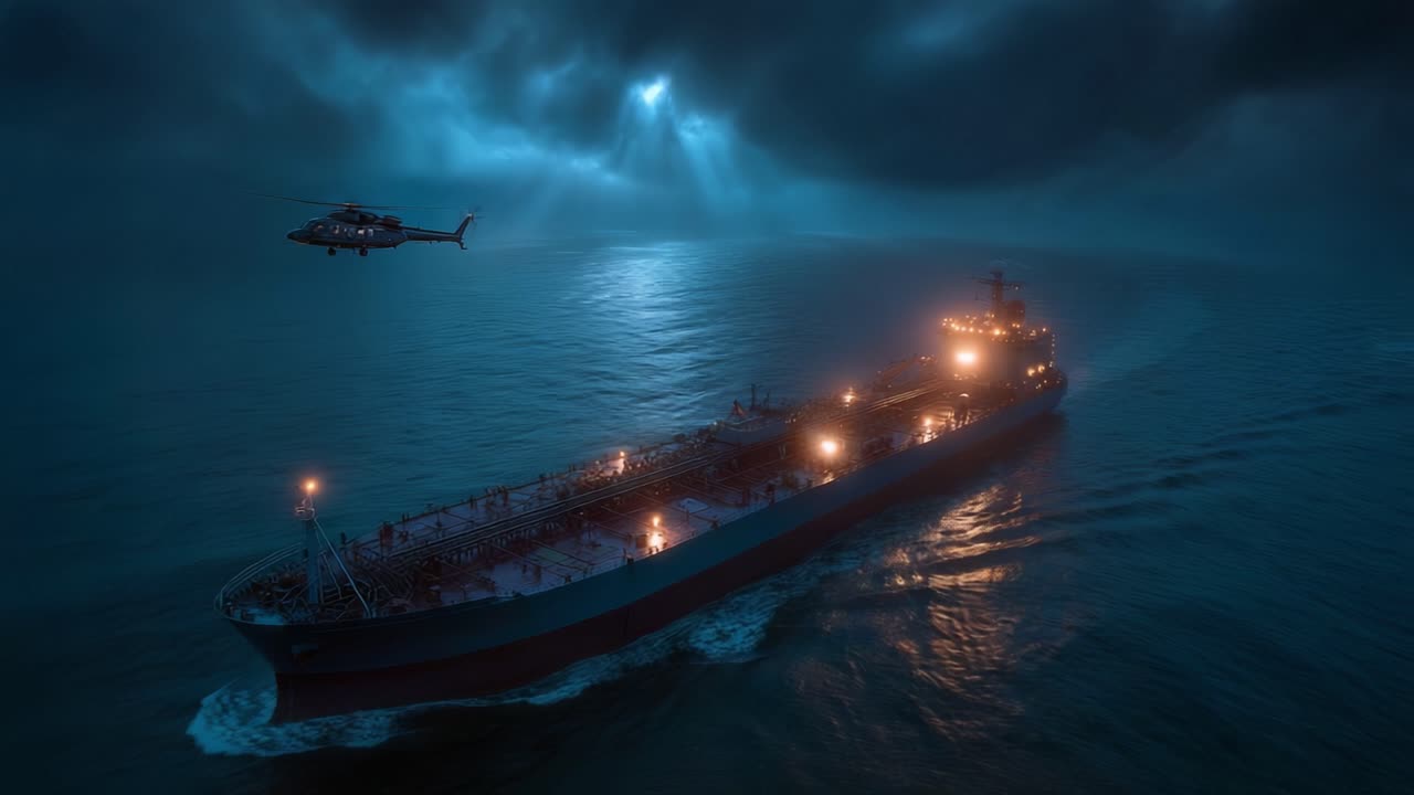 Una grande nave mercantile naviga di notte sotto cieli tempestosi. Luci intense illuminano l'imbarcazione mentre le onde si infrangono contro il suo scafo. Un elicottero si libra nelle vicinanze, suggerendo un'emergenza o una sorveglianza.