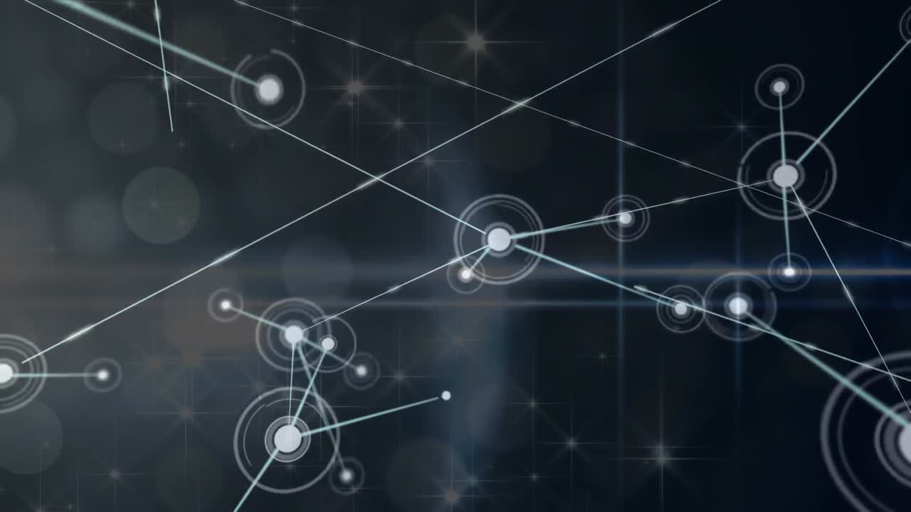 animación de la red de conexiones sobre puntos de luz y estrellas brillantes contra un fondo negro.