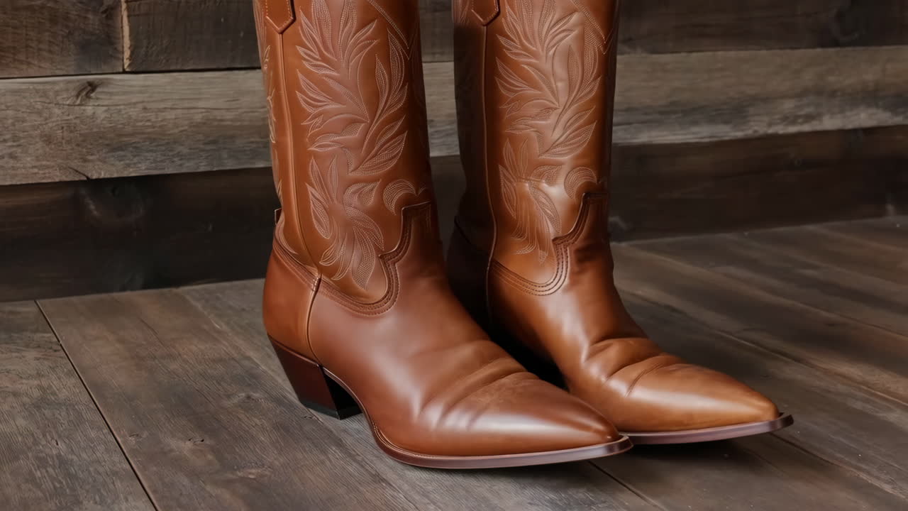 Pair of Brown Leather Cowboy Boots with Embroidered Detail on Wooden Background